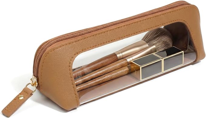 Clear Makeup Bag,PU Leather Mini Makeup Pouch Portable Makeup Brush Case Transparent Waterproof Cosmetic Organizer Pouch with Zipper for Women Home Travel Office Car Organizer and Storage(Slim, Brown) by LETGO