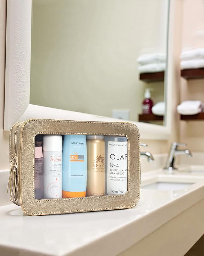 Clear Makeup Bags,TSA Approved Toiletry Bag with Zipper,Sunscreen Bag Clear Makeup Toiletry Pouch Beach Vacation Essentials for Women Teen Girls Gifts(Golden) - Image 6