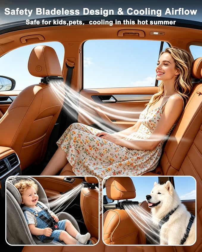 Car Seat Fan for Driver Backseat 3000 mAh Rechargeable Cooling Fan Bladeless Airflow Cooling Fan for Back Seat Kids Passengers with 5 Adjustable Wind Speeds for Outdoor, Fits in Most Car SUV Trucks - Image 2