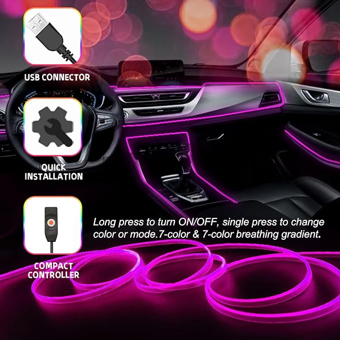USB Car LED Lights, Interior Car Lights Strip 7 Colors Ambient Lighting with 118 inches Fiber Optic Music Sync Simple Installation EL Wire Lights (7 Colors/118 inches) - Image 4