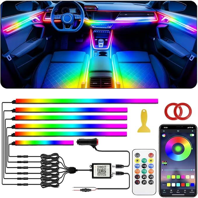 Acrylic Interior Car LED Strip Light with APP Remote Control, 175in 6 in 1 RGB Dreamcolor Neon Flexible Strip Fiber Optic LED Ambient Lighting Kits,RGB Music Lights Sync for Inside car Decorations by Sxlofty