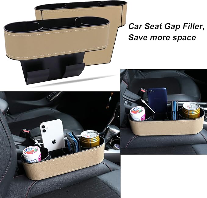 Car Seat Gap Filler Organizer with Cup Holder, Beige | Front Seat Organizer, Console Side Pocket, Cell Phone Holder, Coin Bucket, Car Storage Box, Universal Fits, Easy Installation - Image 7