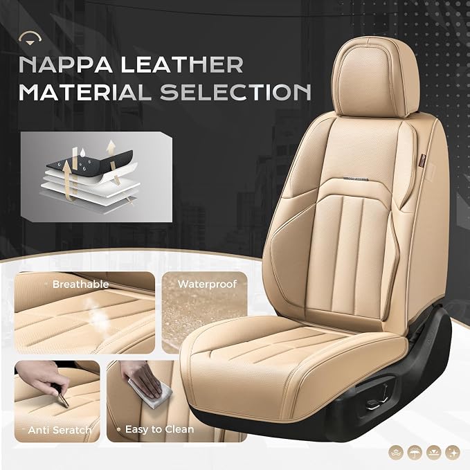 Coverado Car Seat Cover, Cover for Cars Full Seat, Premium Leather, Universal Fit Waterproof Seat Protectors, Car Seat Cushion Non-Slip for Most Cars-Beige - Image 2