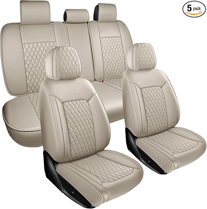 Beige High-Density Nappa Leather Automotive Car Seat Covers Full Set | Univerasal Fit,3D Contoured,Full Coverage,Waterproof,ThickTexture Nappa Leather,for most Suvs Trucks Sedans by ZenRideCarCare