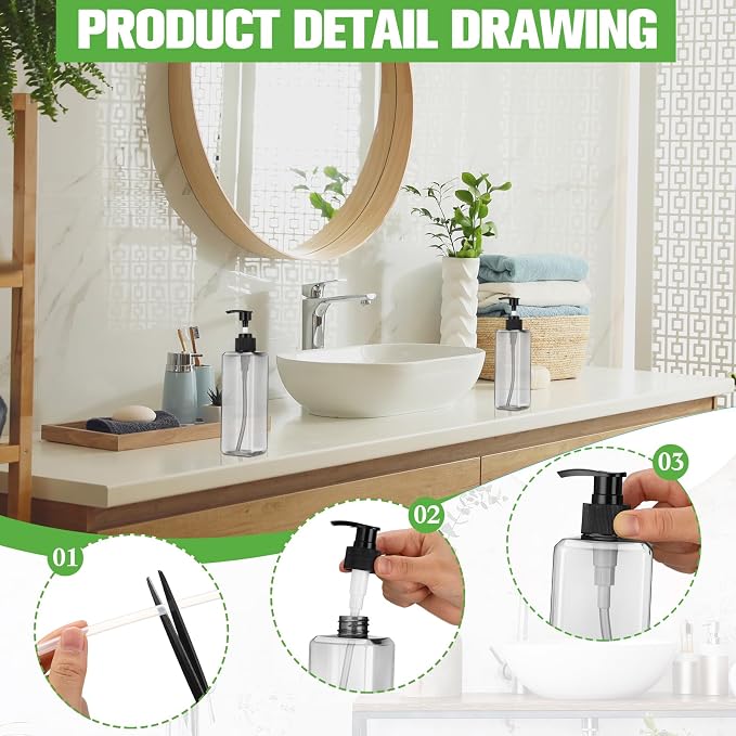 Didaey 8 Pcs Grey Plastic Bottles with Pump 16 oz Refillable Shampoo Dispenser Empty Body Wash Soap Conditioner Lotion Bottles for Bathroom, Kitchen Sink, Hotel, Salon, Cosmetic - Image 4
