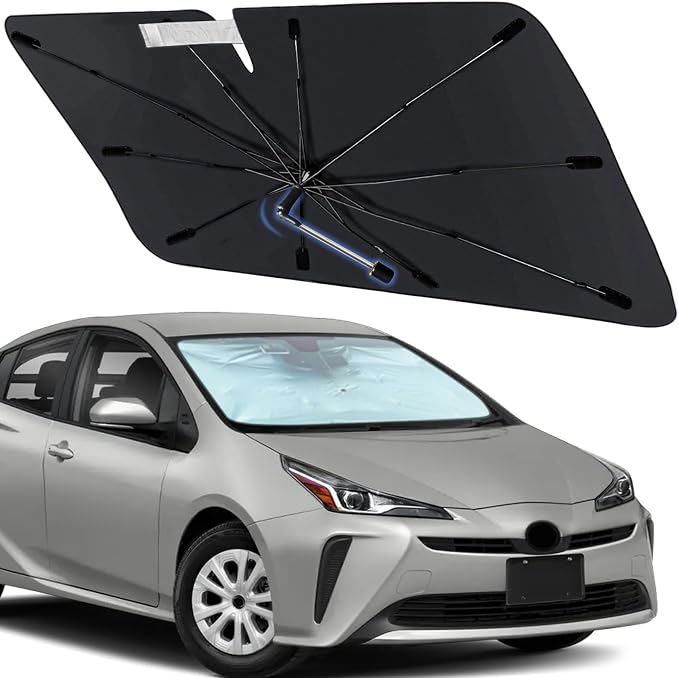 Windshield Sun Shade Umbrella for Toyota Prius 2016-2022 Front Window | Foldable Sunshade with 360° Rotating Shaft, Custom Fit Car Shades for Prius Accessories with UV & Heat Protection by Visufy