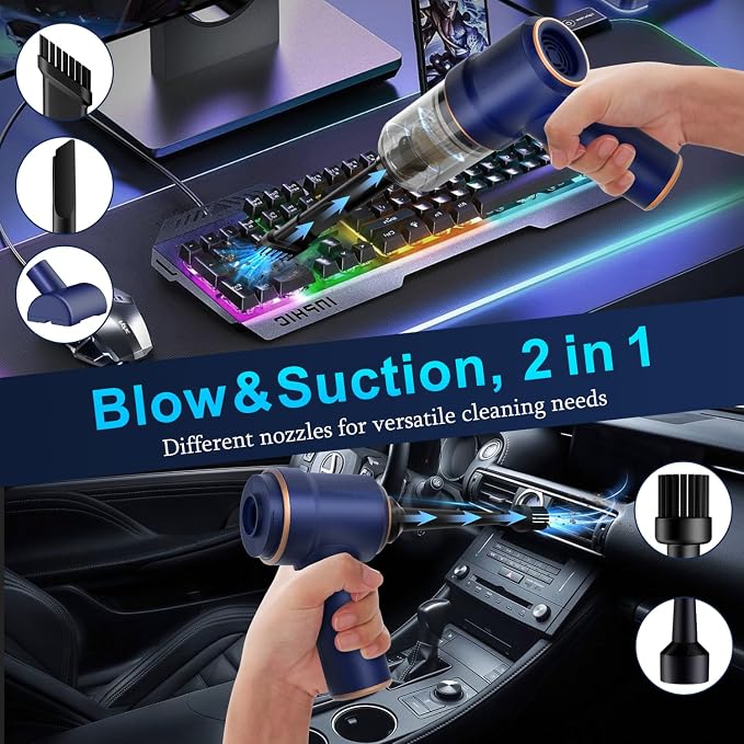 KMM Handheld Car Vacuum Cleaner, Hand Held Vacuum Cleaner and Air Duster | 9000PA Strong Suction, Cordless, 120W High Power, Multi-Nozzles & LED Light, for Home, Car, Office, Pet - Image 2