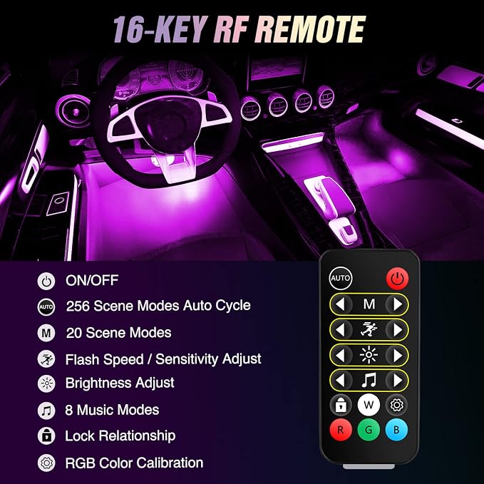 Nilight 4PCS USB Car Interior Lights Dream Color App and Remote Control | 72LED 5V DC RGB-IC Music Car Neon Accent Light Strips Under Dash Lighting Kit with Sound Active Function - Image 5