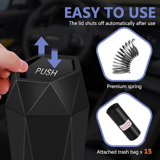 Car Trash Can with Lid, Leakproof, 15 Trash Bags, Black, 1 Pack | Small Garbage Can for Car, Car Accessories for Interior, Multipurpose Organizers and Storage Solutions for Home, Office - Image 2