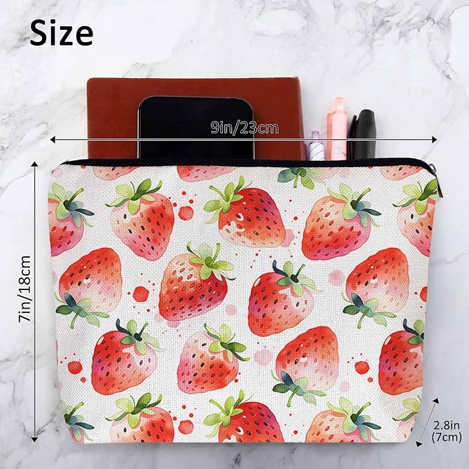 Strawberry Cosmetic Travel Bag For Toiletries, Summer Fruits Strawberry Red Makeup Bag Toiletry Bags For Women, Flax Cosmetic Bags Make Up Bag Purse Toiletries Bag Birthday Gift - Image 4