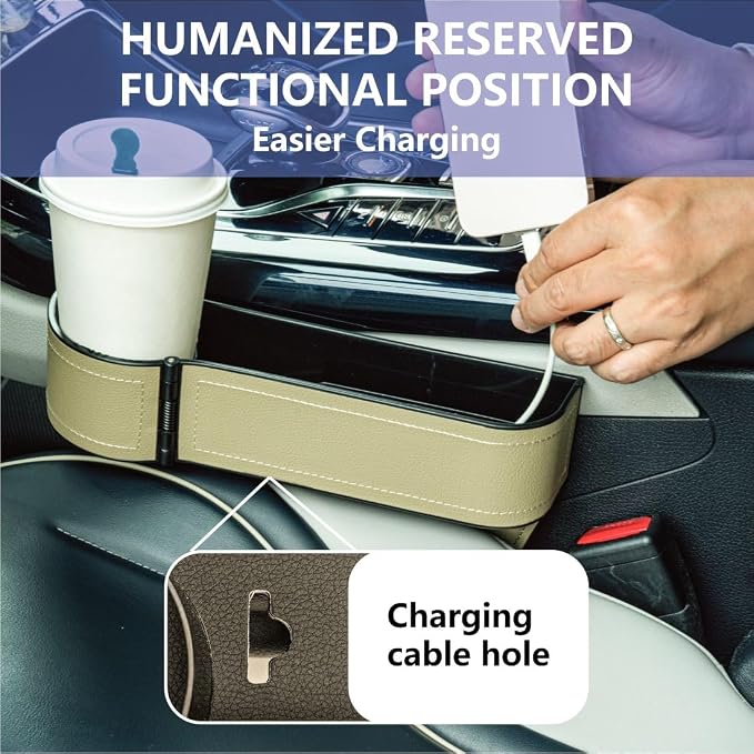Car Seat Gap Filler Organizer,2 Pack Car Leather Cup Holder Gap Bag,Car Seat Storage Box with Adjustable Cup Holders,Car Organizer Front Seat for Holding Phone, Glasses, Keys, Cards (Beige) - Image 5