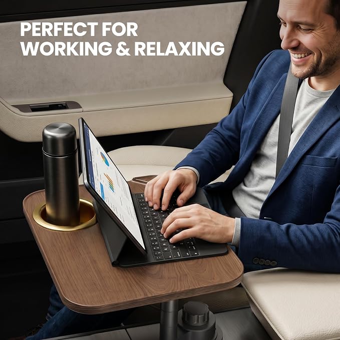 360° Adjustable Tesla Table: Car Tray Holds 2 Laptops (8kg) - 90% Less Shake on Rough Roads - Tool-Free 3s Setup - Solid Wood Platform - With cup holder - car desk for laptop - Image 2
