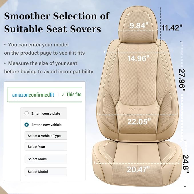 Coverado Car Seat Covers Full Set, Car Seat Protector Waterproof, Nappa Leather Car Seat Cushion, Beige Seat Covers for Cars, Front Seats and Back Universal Fit for Most Cars - Image 6