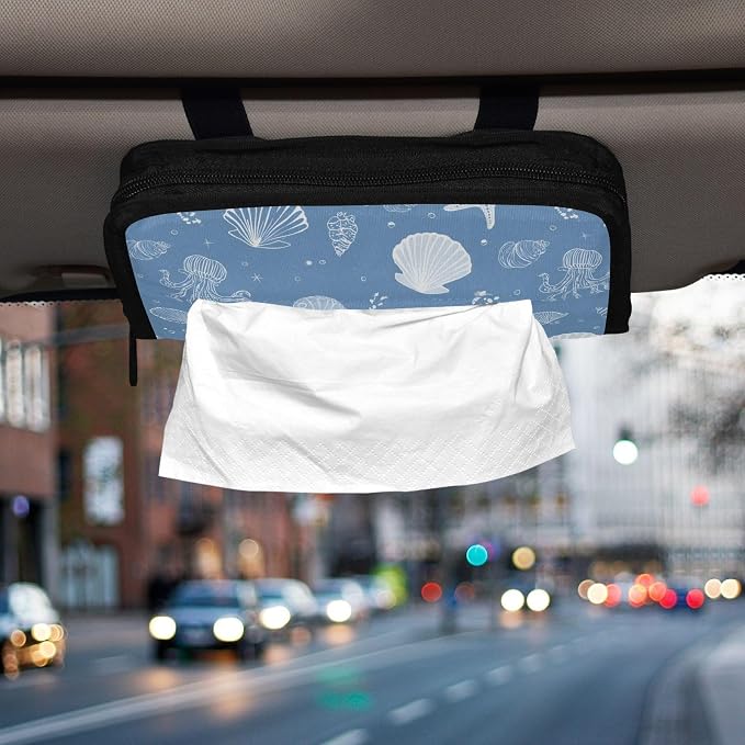 Car Tissue Holder Car Napkin Holder Car Tissue Box Dispenser Storage Case Sun Visor Mask Holder with Adjustable Straps Reusable Refillable Simple Seashells Starfish Blue - Image 6