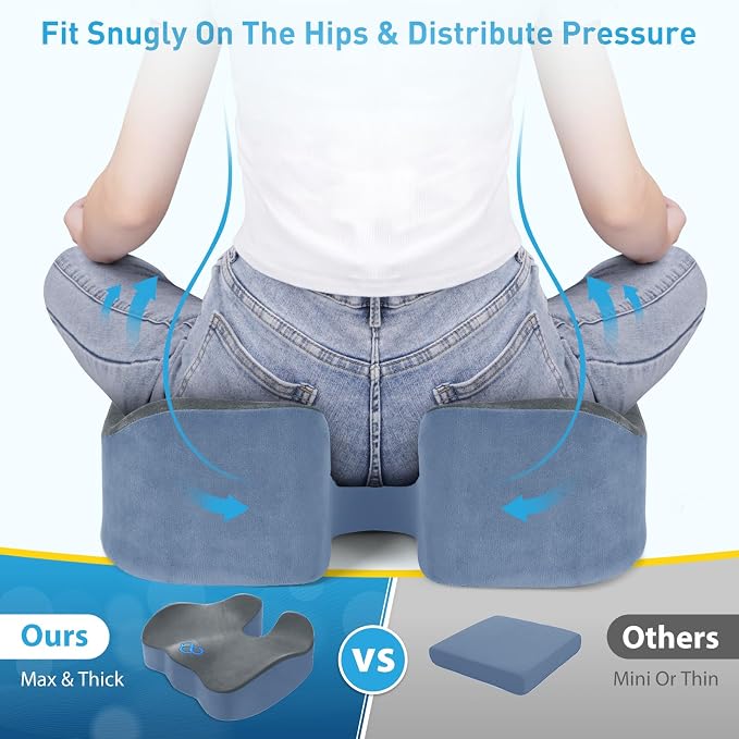 BlissTrends Thick Seat Cushion for Office Chair & Car Seat, XL, Grey&Blue | Memory Foam with Removable Cover, Ergonomic Tailbone & Sciatica Support for Pressure Relief and Long Sitting, 3.9" Thick - Image 4