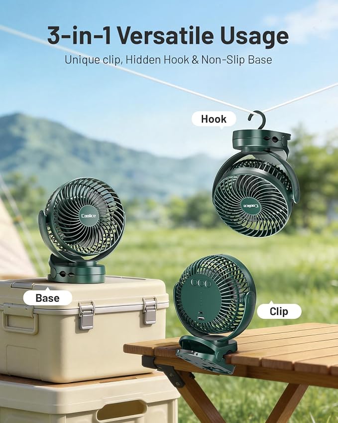 Camping Fan with Remote Control - 12000mAh Rechargeable Battery Powered Fan, Camping Fans for Tents with LED light & Hanging Hook, Rechargeable Battery Operated Ceiling Fans for Tent RV Bed, Green - Image 3