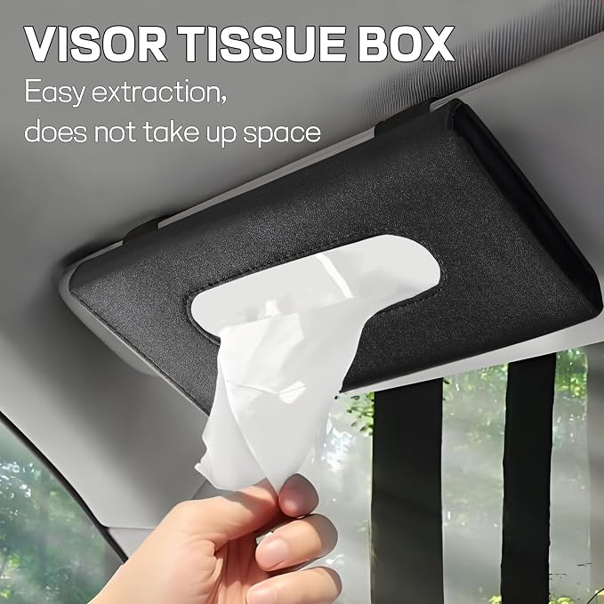 Car Tissue Holder, PU Leather Sun Visor Tissue Box (Black) | Wear-Resistant & Waterproof, Napkin & Mask Dispenser, Metal Memory Clips, Easy Refill, Fits Most Vehicles - Image 6