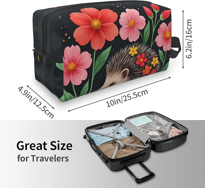flower hedgehog Makeup Bag - Durable 600D Oxford Fabric Travel Cosmetic Bag, Shockproof Foam Padded Toiletry Organizer for Gym & Daily Use 10x6.2x4.9 Inch - Image 4