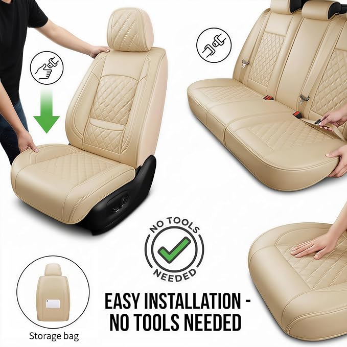 Fit for Tacoma Seat Covers Compatible with Toyota Tacoma 3rd gen 2016-2023 - Waterproof Breathable Leather Automotive Seat Cushions Protector,Airbag Compatible,Full Set 5 Seats(Beige) - Image 4