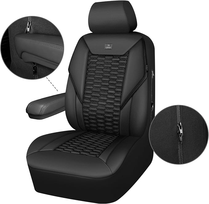 CAR PASS 3D Foam PU Leather Car Seat Covers Full Set,Luxury Breathable Faux Leather Seat Covers for Car,Anti Slip Universal Fit for SUVs Vans Sedan Truck Automotive,Armrest Airbag Compatible All Black - Image 9