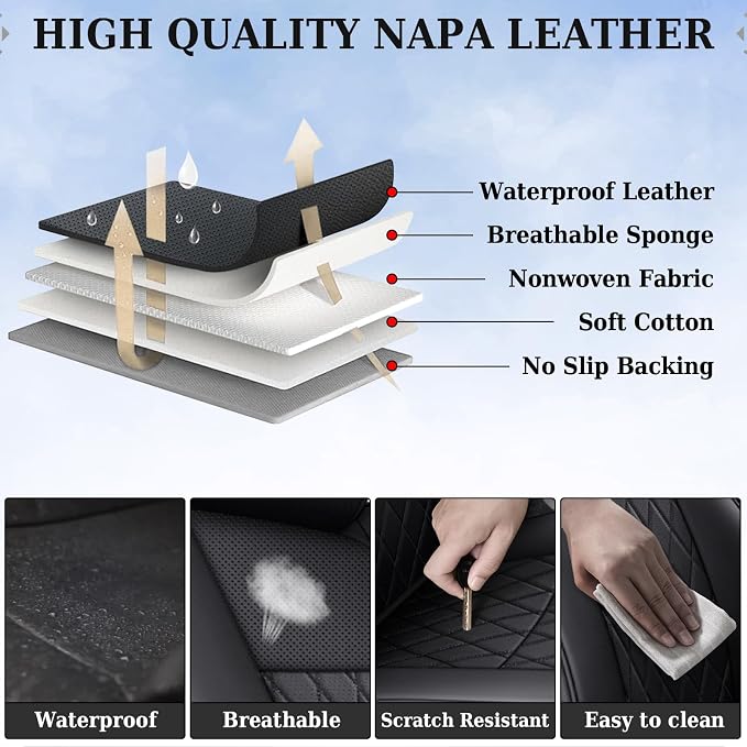 Coverado Tacoma Seat Covers Full Set, Faux Leather Seat Covers Custom Fit for 2005-2023 Toyota Tacoma Double/Crew Cab Base Prerunner SR5 Limited TRD Sport Interior Covers (Black) - Image 5
