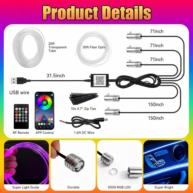 Interior Car LED Strip Lights, 5 in 1 RGB Ambient Lighting with 236 Inches Fiber Optic, Wireless APP Control Music Mode Inside Car Lighting Decorations for Cars, Trucks, Vans, SUVs - Image 4