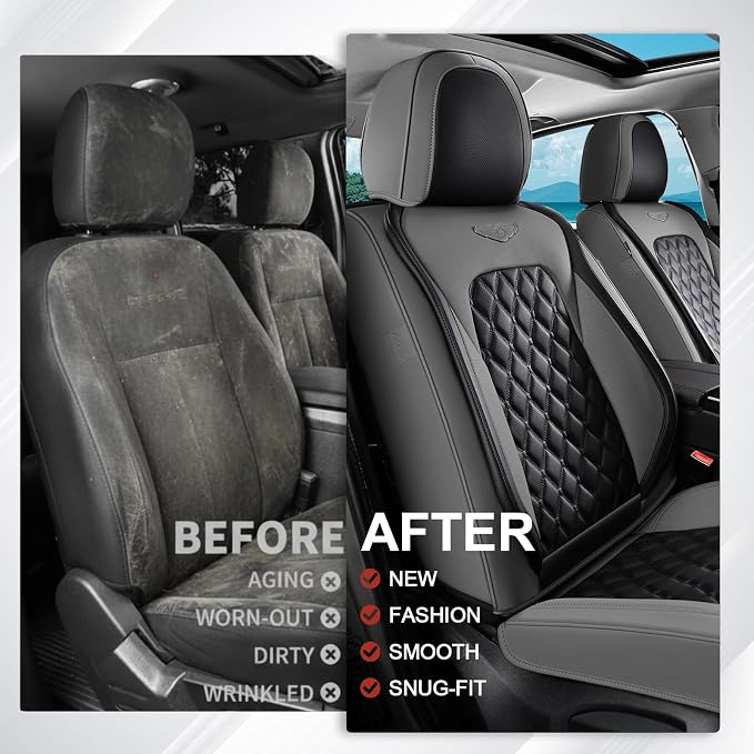 Coverado Universal Car Seat Covers Full Set, Minimalist Scratch-Resistant Waterproof Faux Leather Front & Rear Seat Protectors, Business Daily Driving – GrayBlack - Image 5