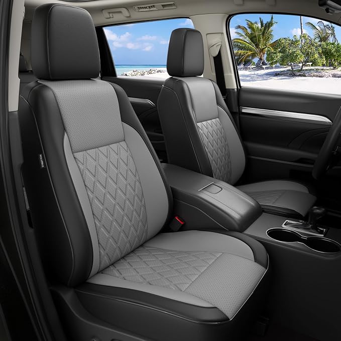 Custom Seat Covers for Toyota Highlander 2014-2019 7 Seats | black grey, faux leather, 2nd row captain chairs, waterproof, breathable, airbag compatible, stain resistant by FEINEPRO
