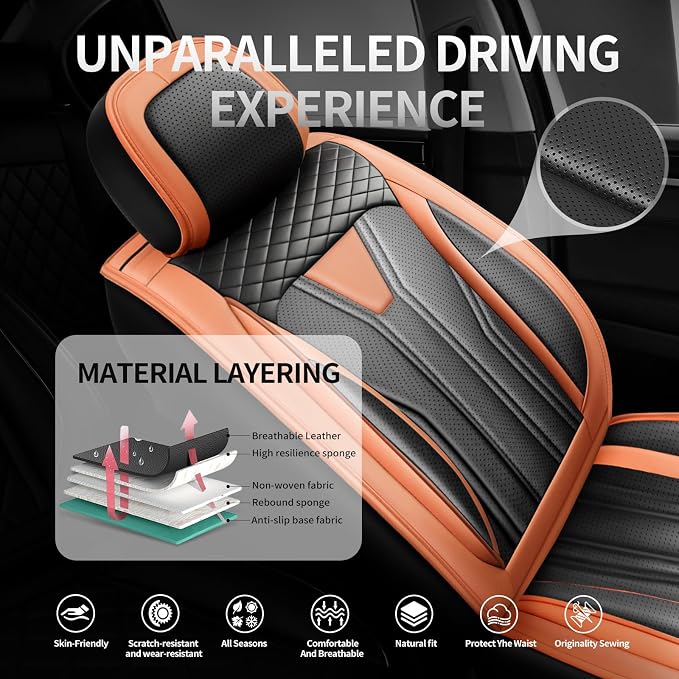 Fit Prius Premium Leather Car Seat Covers for Toyota Prius 2001-2025 2026 - Waterproof，Breathable，All-Weather Seat Cushion Protecto & Airbag Compatible, Full Set Orange&Black - Image 2