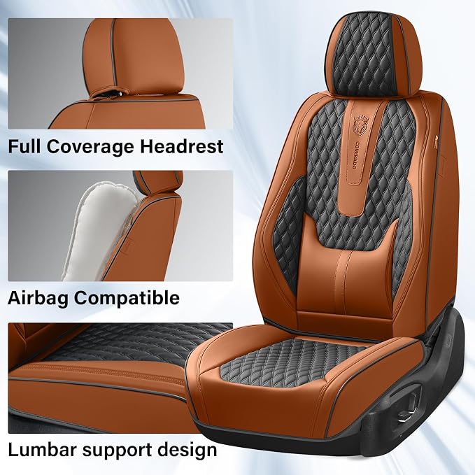 Coverado Car Seat Covers Full Set, Nappa Leather Seat Covers for Car, Waterproof Car Seat Protector with Lumbar Support, Automotive Seat Covers Universal Fit for Most Cars SUV Trucks (Brown-Black) - Image 4