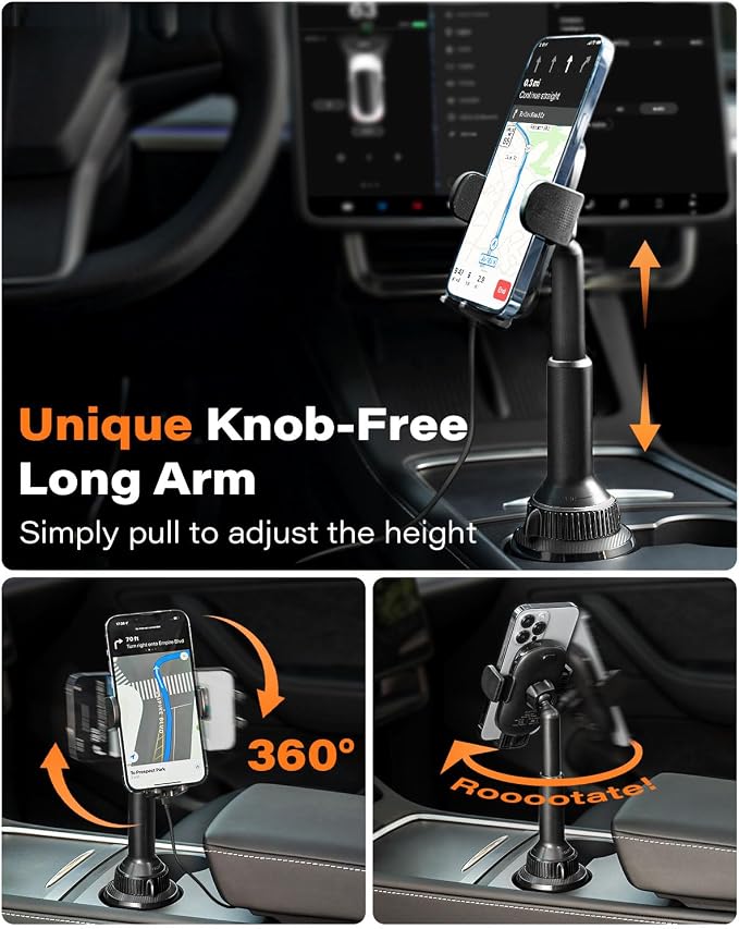 APPS2Car 15W Qi Wireless Car Charger Solid Cup Holder Mount, Adjustable Long Arm & 360° Rotation, Fits 3"–4" Round Cup Holders, Works with Cases ≤ 4 mm (No Metal Attachments) - Image 4