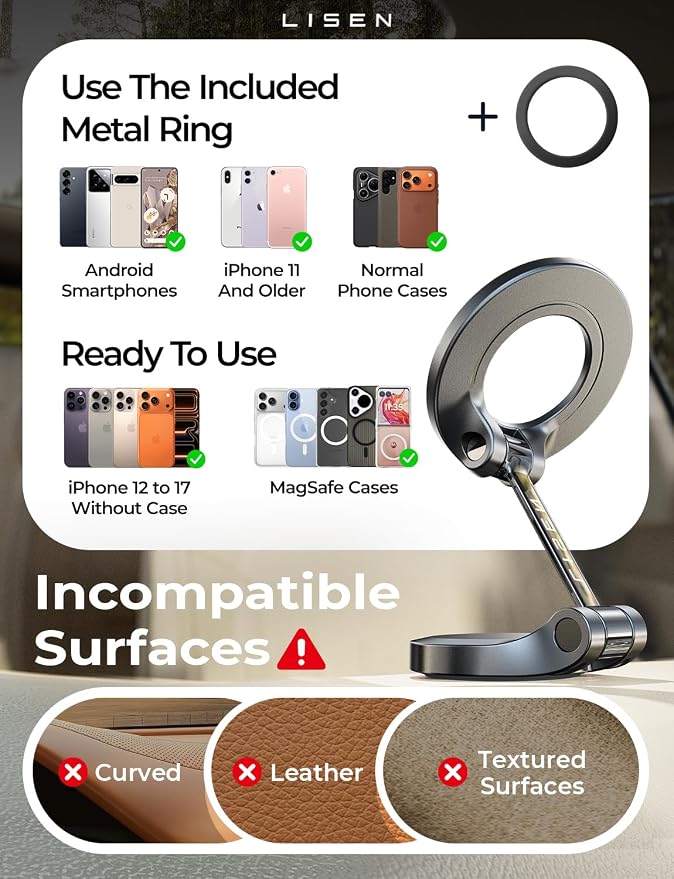 LISEN for MagSafe Car Mount 2 Pack, Classic Magnetic Phone Holder for Car, Car Phone Holder Mount, Dash Car Accessories Gifts for Women Men, for iPhone 17 Pro Max Air 16 15 14 13 12 | Super Compact Foldable Phone Holder for Car, Classic 3M Adhesive No ... - Image 8