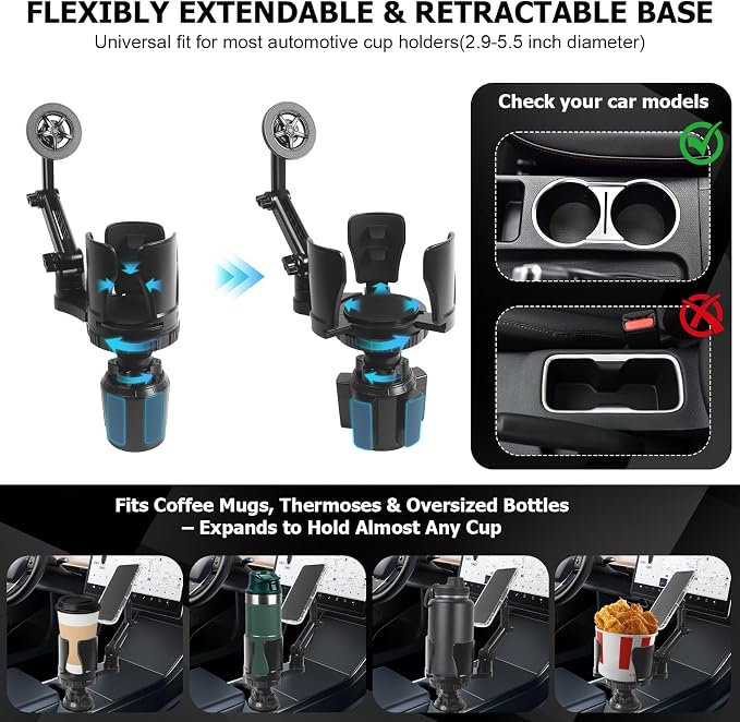 Frani Car Cup Holder Expander with Magnetic Phone Mount | Adjustable Insert Fits 2.68-4.33" Holders, 360° Adjustable Neck, Strong N52 Magnets, iPhone Samsung Compatible - Image 4