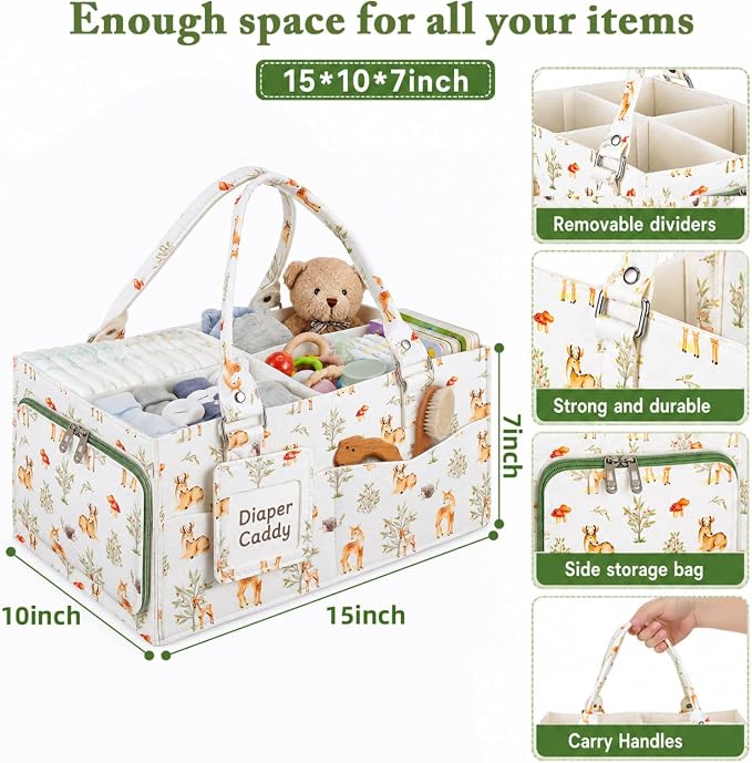 ABOOFAN Baby Diaper Caddy Organizer with Removable Dividers and Handle | Deer Print Felt Nursery Storage Bin, Holds Diapers, Wipes and Newborn Essentials, Portable for Changing Table, Car & Bedside - Image 3