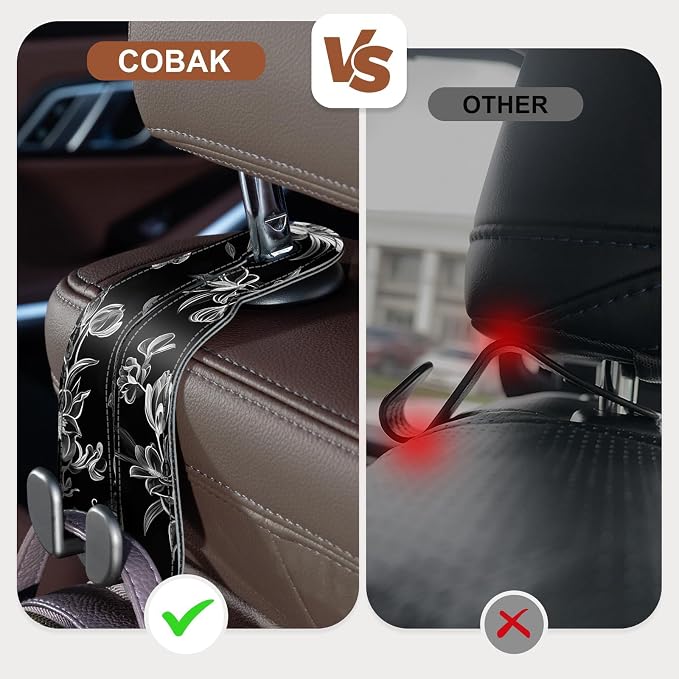 CoBak Purse Hook for Car - Universal Premium Stitched Leather and Aluminum-Magnesium Alloy Double Car Seat Back Storage Hook for Purses, Handbags, Bags (2 Pack),Floral Trace - Image 3