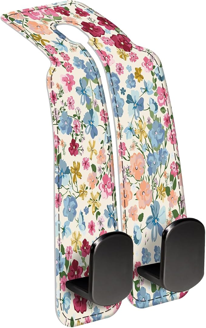 Car Seat Back Storage Headrest Hook, Premium Leather Double Metal Hook, Hanger Storage Organizer for Purse Cloth Bag, Car Interior Accessories Colorful Boho Flowers by Unknown