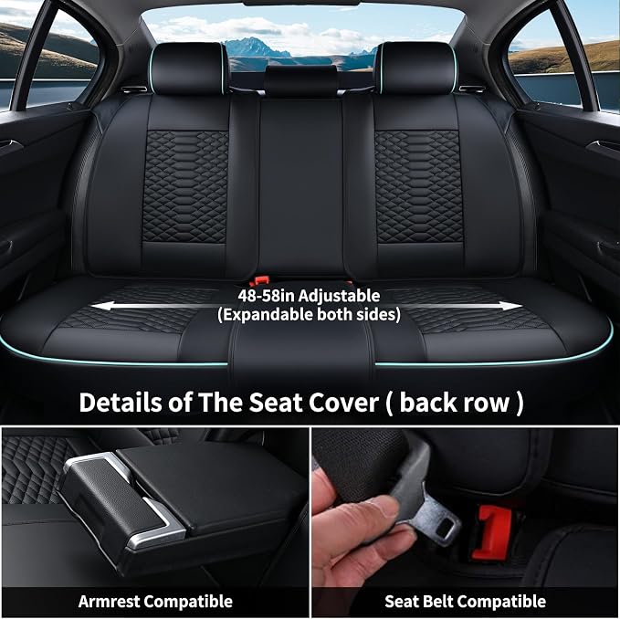 Coverado Leather Seat Covers, Car Seat Covers Full Set, Nappa Leather Seat Covers for Cars, Car Seat Protector Waterproof, Black Car Seat Cover, Universal Seat Cover Fit for Most Cars(Black&Blue) - Image 4