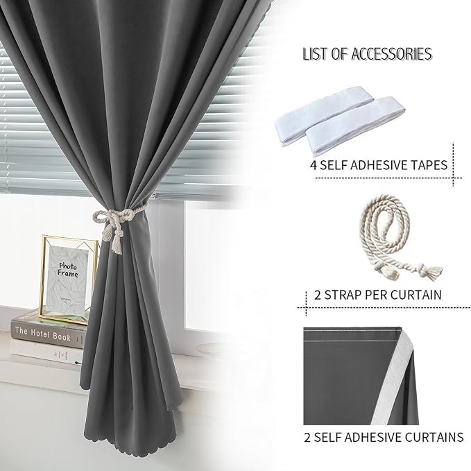 Instant Blackout Window Curtain with Reusable Adhesive, Thermal Insulated Fabric for RV Camper Small Windows, 71" W x 72" L, Grey, 2 Panels - Image 2