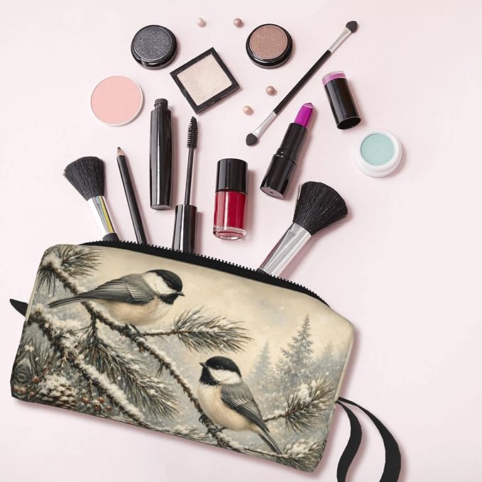 Chickadee Pair on Snowy Pine Makeup Bag for Women, Cosmetic Pouch | Double-Sided Winter Chickadee Cosmetic Organizer with Foam Padding for Women, Travel, Gym, School, and Daily Storage - Image 6