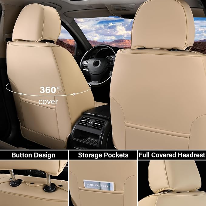 Coverado Car Seat Covers Front Seats, Car Seat Cover Beige, 2-Pack Car Seat Cushion Nappa Leather, Car Seat Protector, Waterproof Seat Covers Carseat Cover Universal Fit for Most Cars Trucks - Image 3