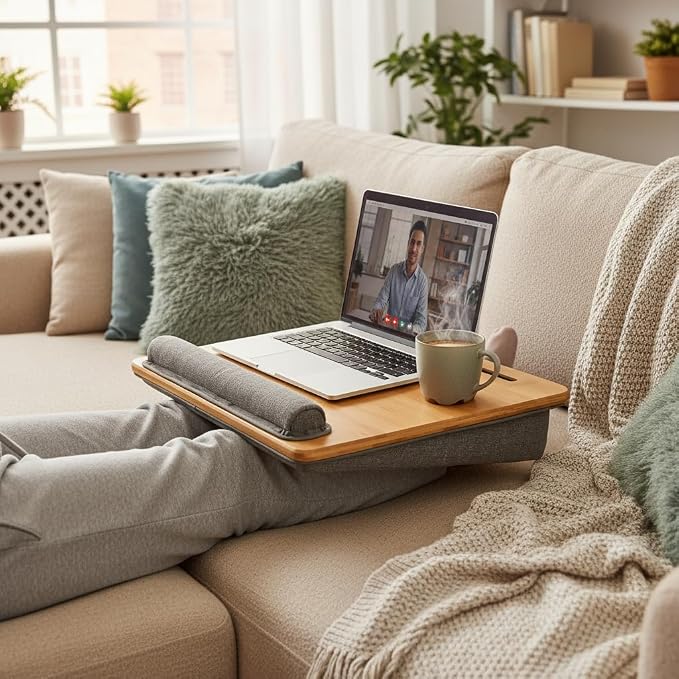 Bamboo Lap Desk for Laptop with Cushion Tablet Phone Holder Handle | Laptop Stand with Anti-Slip Strip Fits up to 15.6 inch Portable Computer Lap Desk for Couch, Bed & Car - Image 7