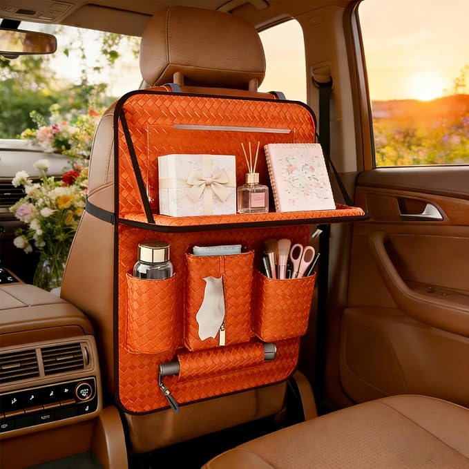 Car Back Seat Organizer, Black Woven Leather Storage Bag, Multifunctional Rear Seat Protector with Tablet Holder, 25.2x17.7 Inches, Abrasion Resistant, Orange by QIANKUNCaraccessories