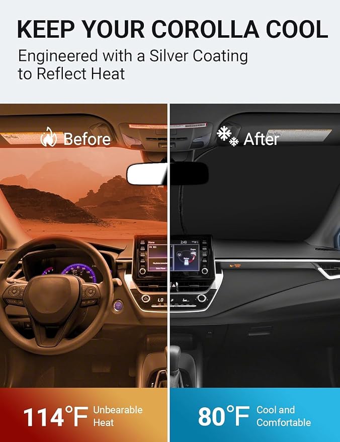 Proadsy Custom Fit Car Windshield Sun Shade for 2019-2025 Toyota Corolla | 240T Heat Shield, Drops Temp 54°F, Blocks 99% UV, Prevents Dashboard Cracking, Summer Parking & Beach Trips, Easy Twist-Fold - Image 3