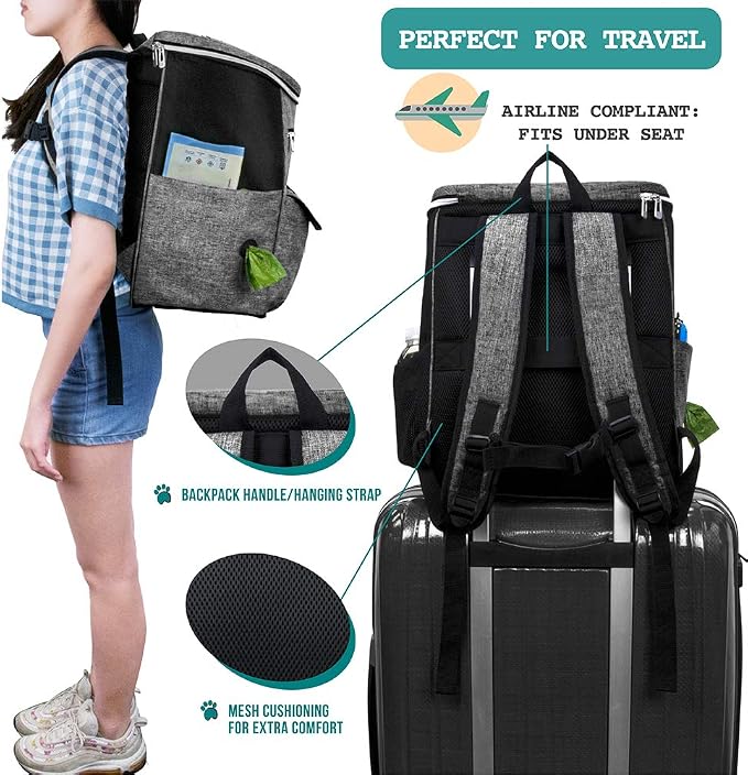 PetAmi Dog Travel Backpack 27L Airline Approved Pet Supplies Bag, Gray | Cat Traveling Suitcase Organizer for Weekend Road Trip Camping; 2 Food Containers, 2 Collapsible Bowls & Poop Bag Dispenser - Image 5