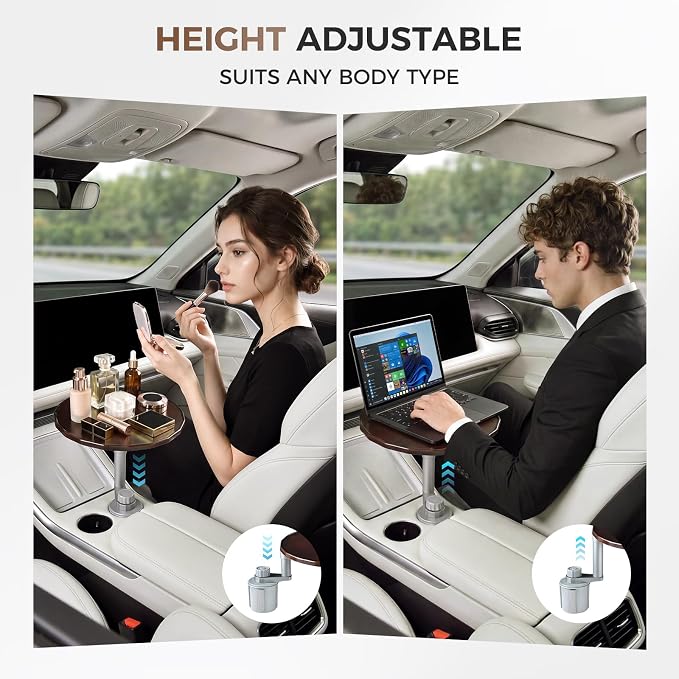 Wooden Car Tray Table with 360° Rotation, Height-Adjustable Car Desk for Laptop, Detachable Car Trays for Eating, Sturdy Steering Wheel Tray, Car Accessories Compatible with Tesla & Most Vehicles - Image 9