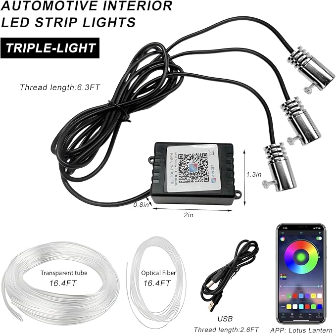Interior Car LED Strip Lights with APP Control, 3 in 1 RGB Ambient Lighting Kit with 197 inches Fiber Optic, 16 Million Colors Neon Strip USB Music Sync Atmosphere LED for Vehicles - Image 2