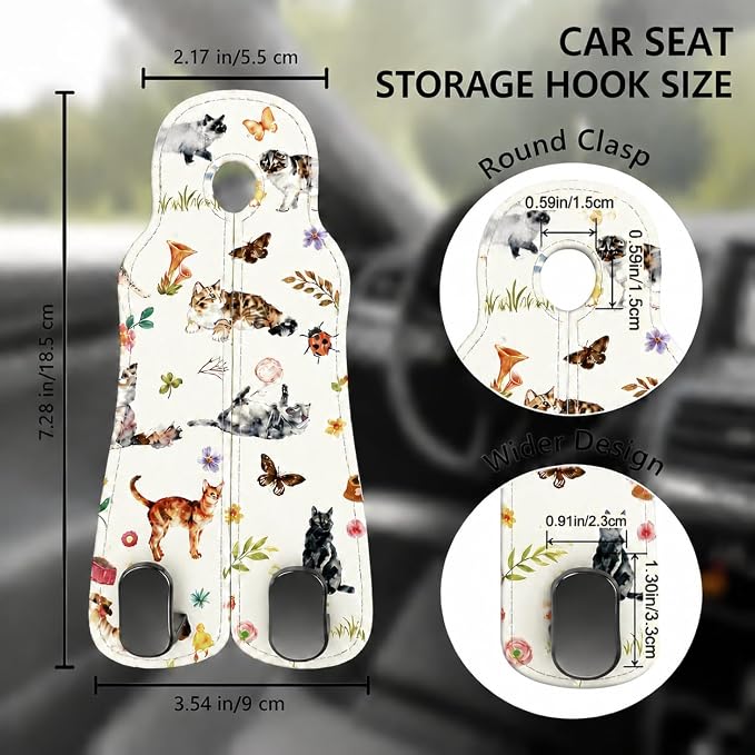 Car Seat Back Headrest Hooks - 2 Pack, Watercolor Cat Pattern Purse Hook for Car, Metal Leather Multifunctional Auto Hanger Organizer for Bags Water Bottles Phones - Image 2