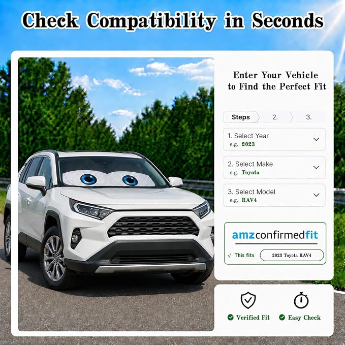 Car Windshield Sun Shade, Universal Fit Midsized Sedan SUV, Classic Black | 61 x 31.5" Windshield Cover, Foldable Front Window Sunshade, UV Heat Protection, Cute Eyes Series - Image 9