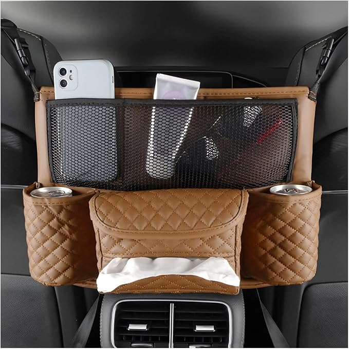 XINLIYA Car Handbag Holder Between Seats, PU Leather Multi-Pocket Large Capacity Purse Holder, Auto Net Bag Barrier of Backseat Pet Kids, Car Seat Organizers and Storage for Cargo Tissue Cup（Brown） by XINLIYA