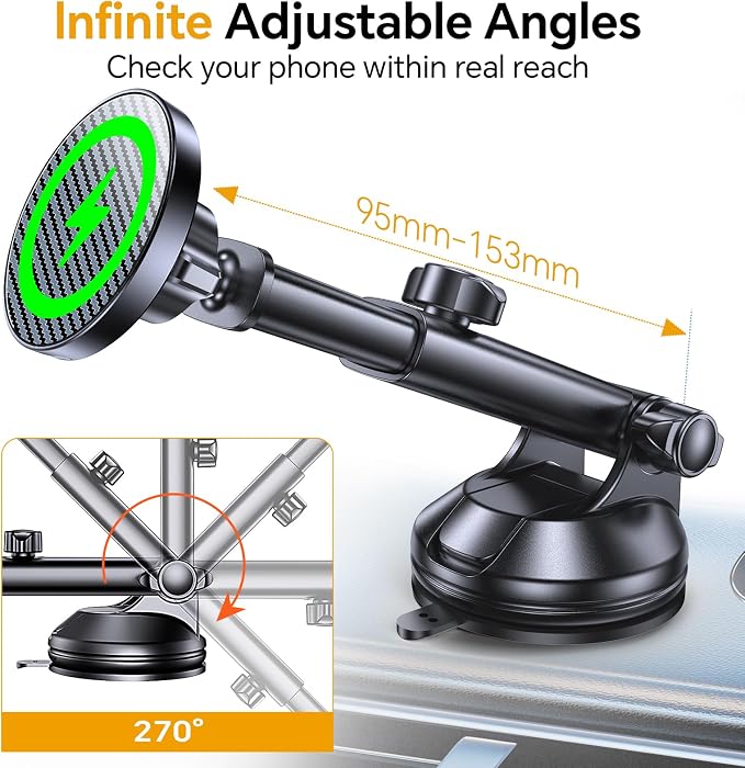 Coolpow for MagSafe Car Mount Charger【Ultra Magnet】 Magnetic Phone Holders for Your Car Charger【Windshield+Vent+Dash】 Magnetic Wireless Car Phone Holder Charger Car Mount for iPhone 17 (Carbon Fiber) - Image 6